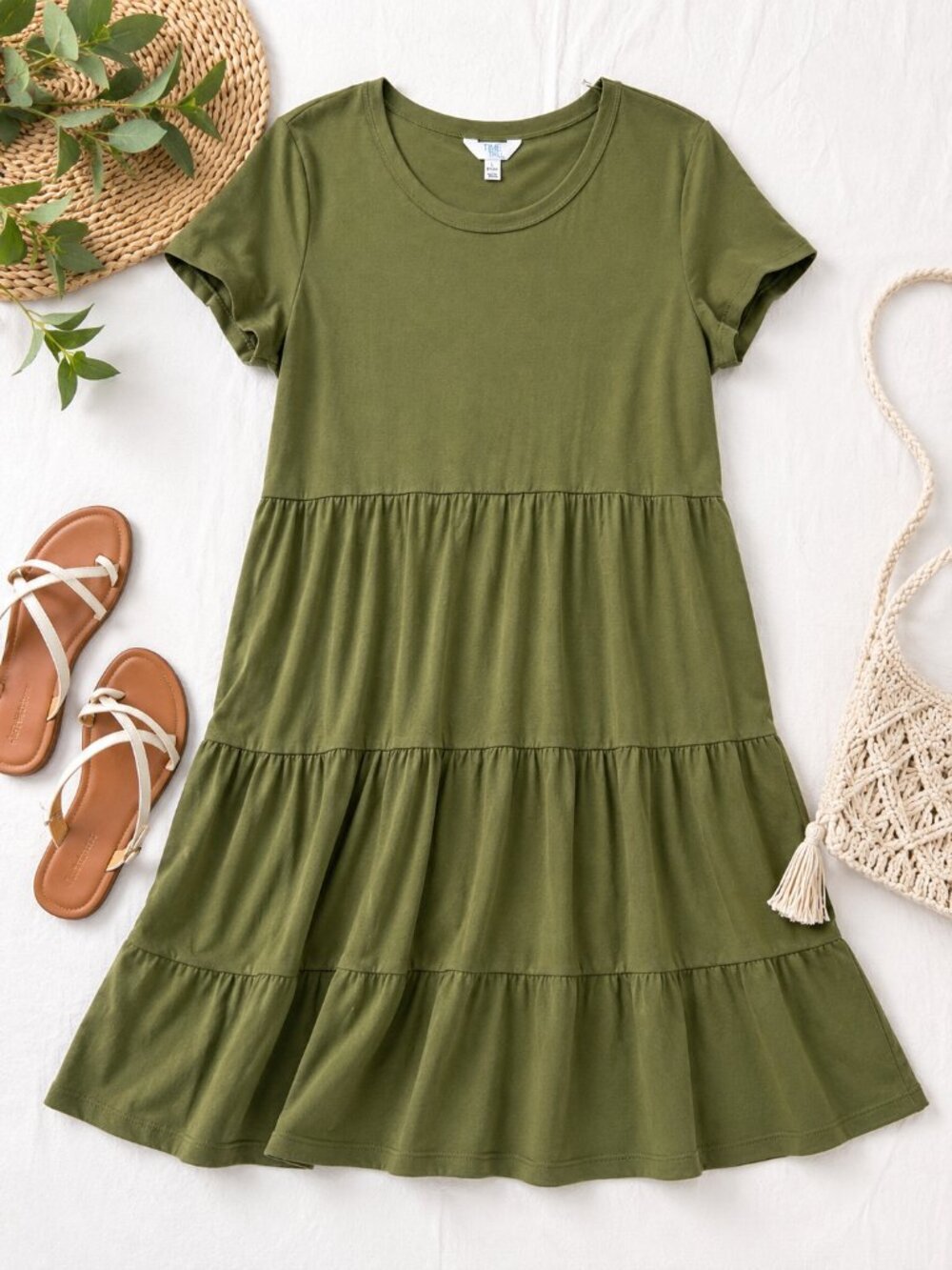 Time and Tru Olive Green Tiered Dress Women’s Size Large Casual T-Shirt Dress